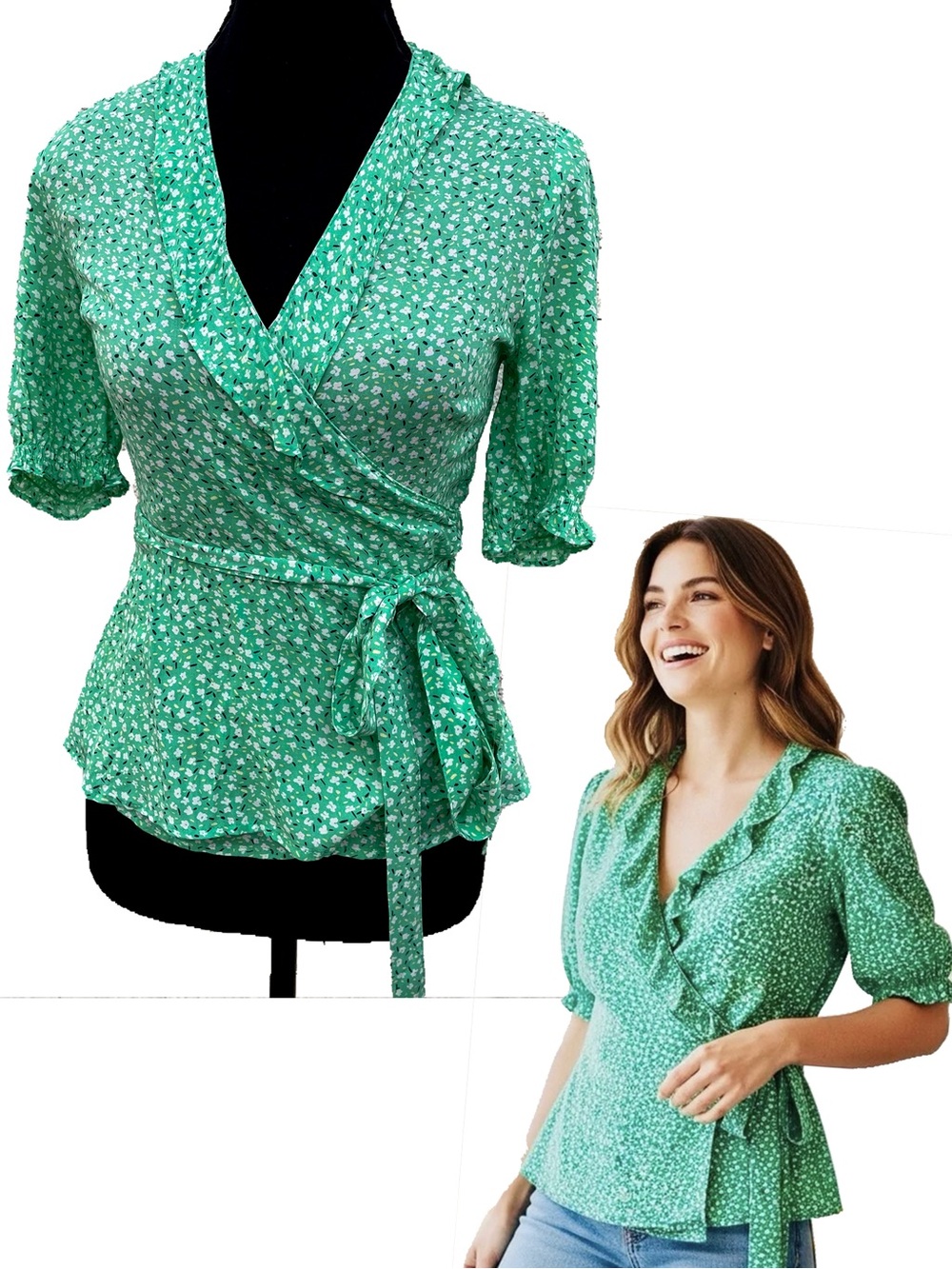 Old Navy Wrap Top Sz Small Green Floral Cottagecore Prairie Soft Ruffle Blouse